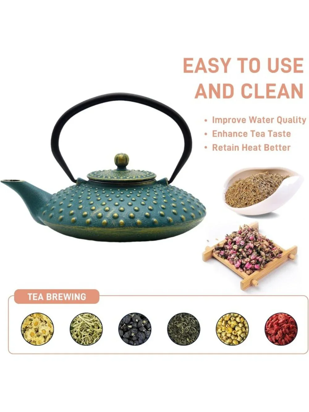 Blue Cast Iron Kitchen Japanese Teapot 27.1oz Stovetop Loose Leaf Infuser Pot